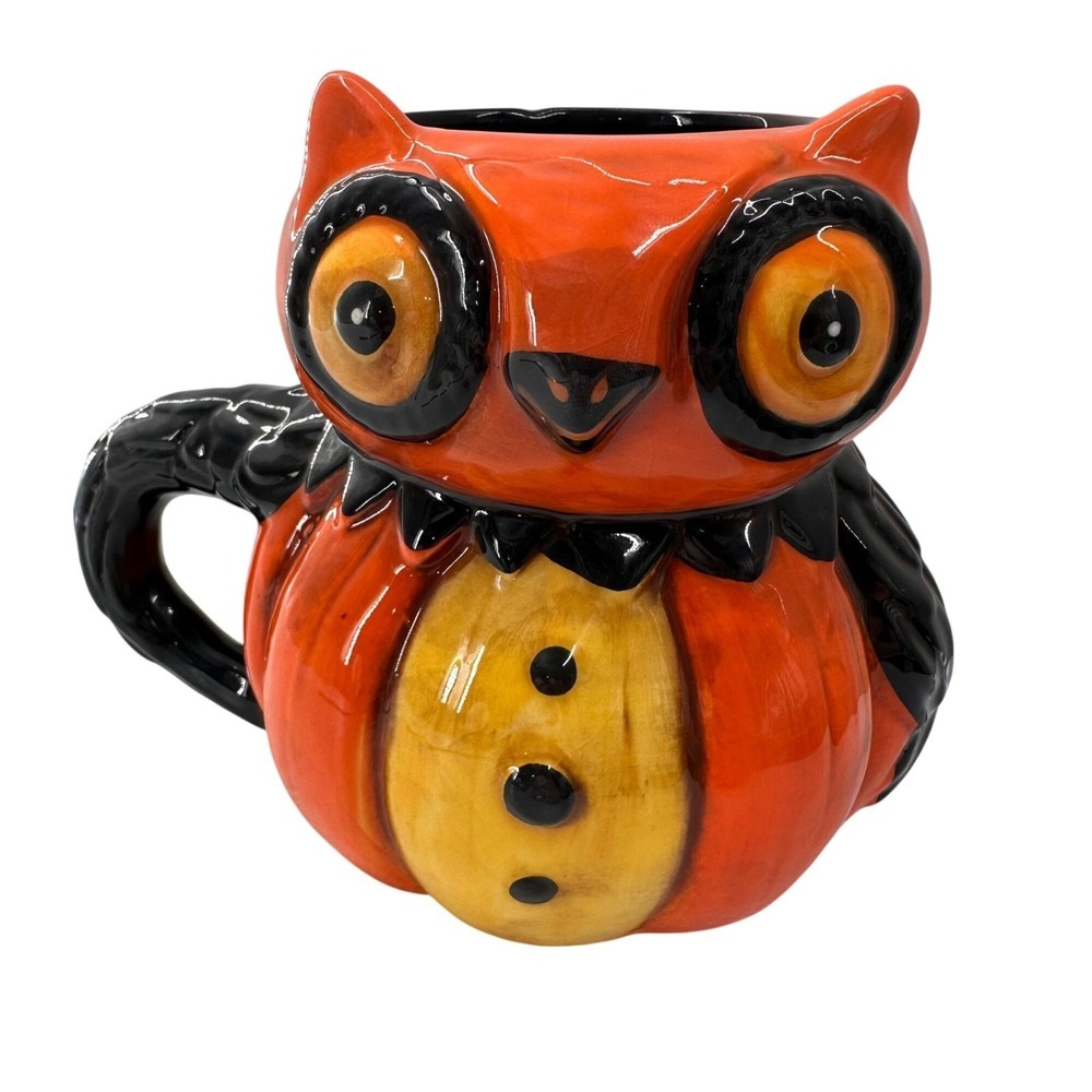 Ceramic Transpac Halloween Owl Mug 4" Tall‎ Pumpkin Design Orange Fall Coffee 3D